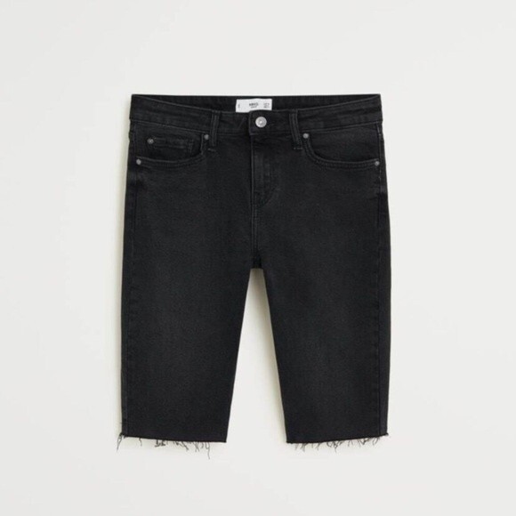 MANGO Biker Style Denim Raw Hem Bermuda Shorts in Black - Picture 2 of 4
